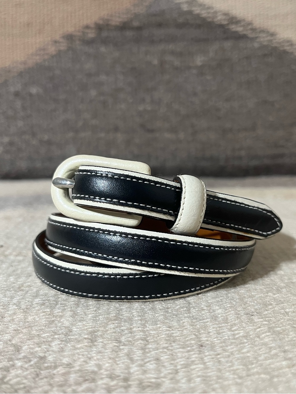 Vintage Ralph Lauren Belt Black & Cream Italian Leather Skinny Classic Women's